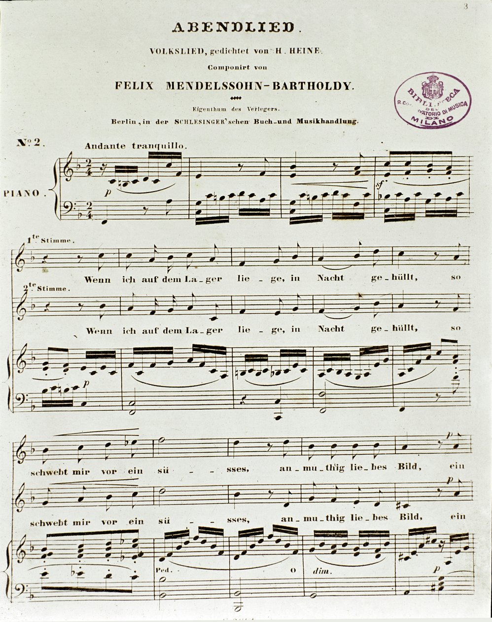 Page de partition de Abendlied par Felix Mendelssohn - German School