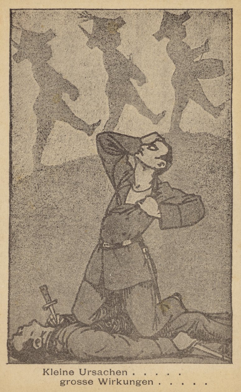 Petites causes, grands effets. Illustration allemande contre la guerre, publiée par la WILPF (Ligue internationale des femmes pour la paix et la liberté), fin des années 1920 (lithographie). - German School