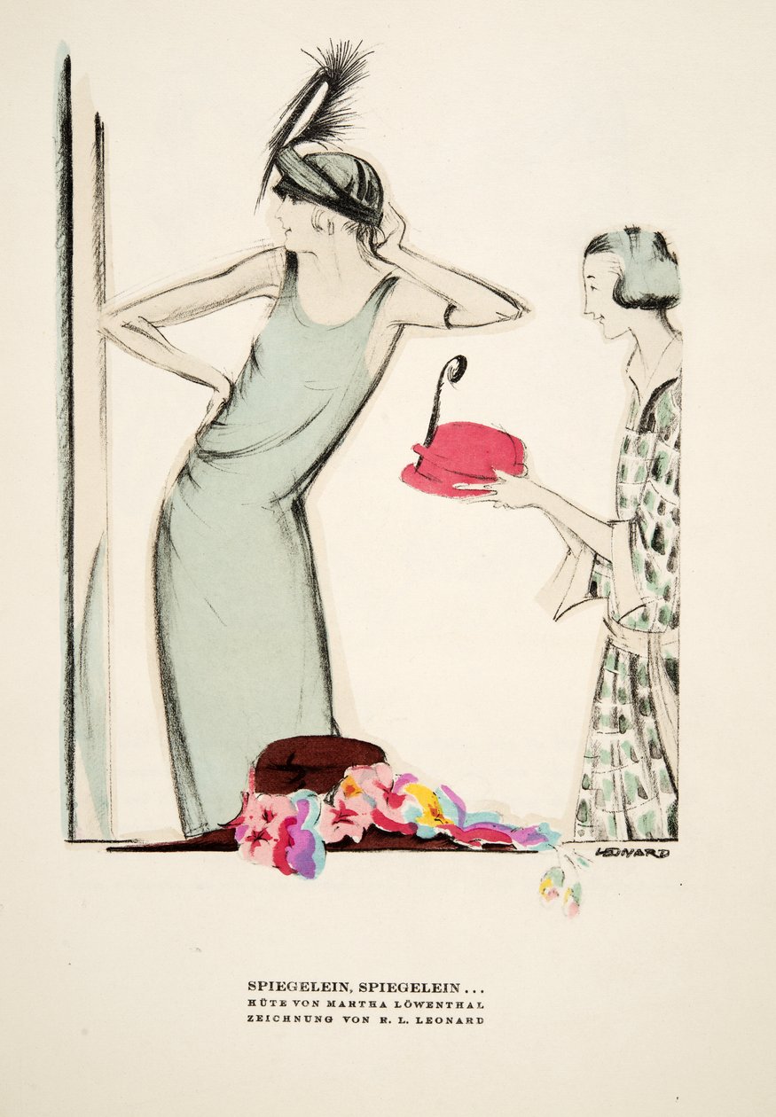 Spiegelein, Spiegelein ..., hats by Martha Lowenthal, from Styl, pub.1922 (pochoir imprimé) - German School