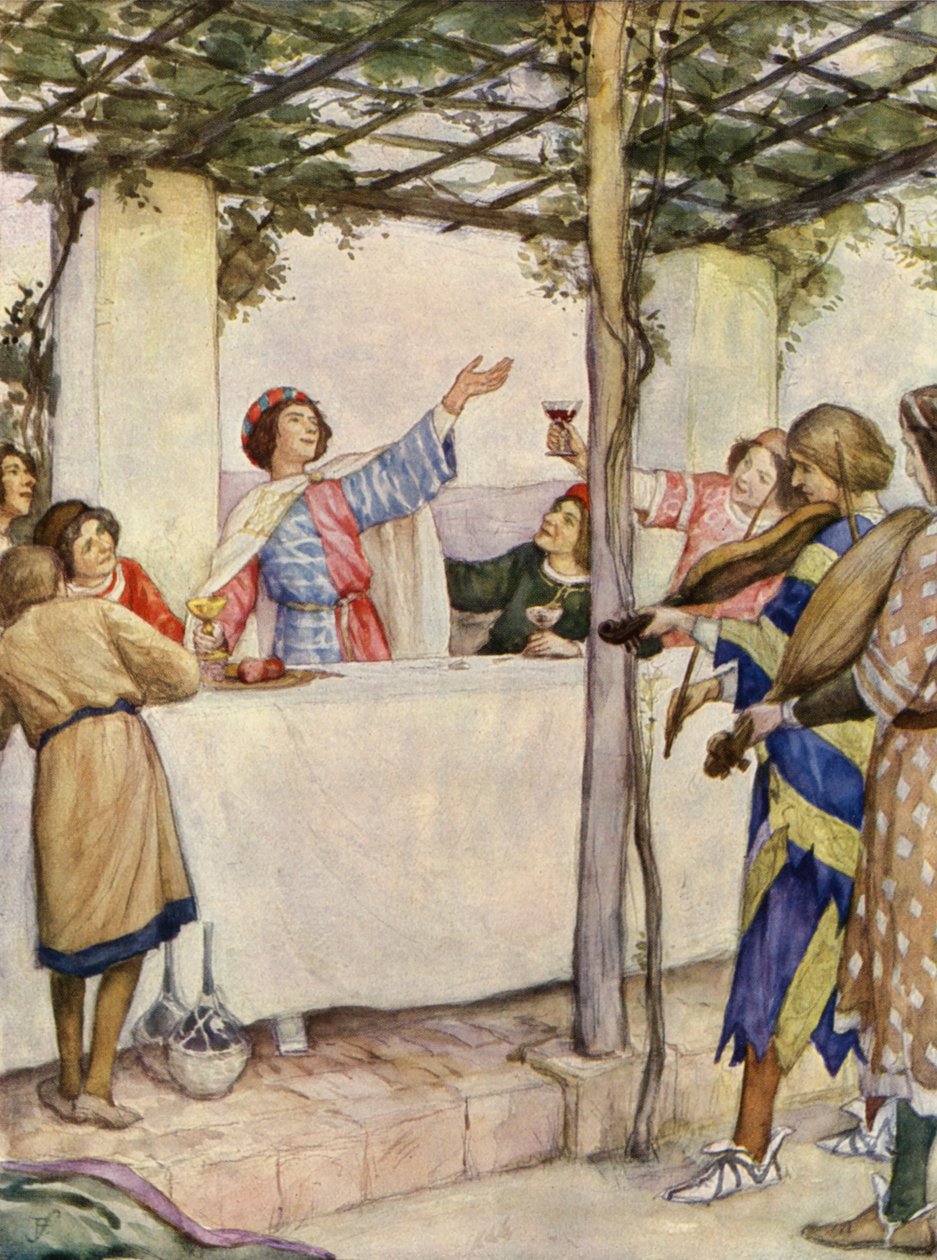 Saint François profitant des plaisirs de la jeunesse (lithographie couleur) - German School
