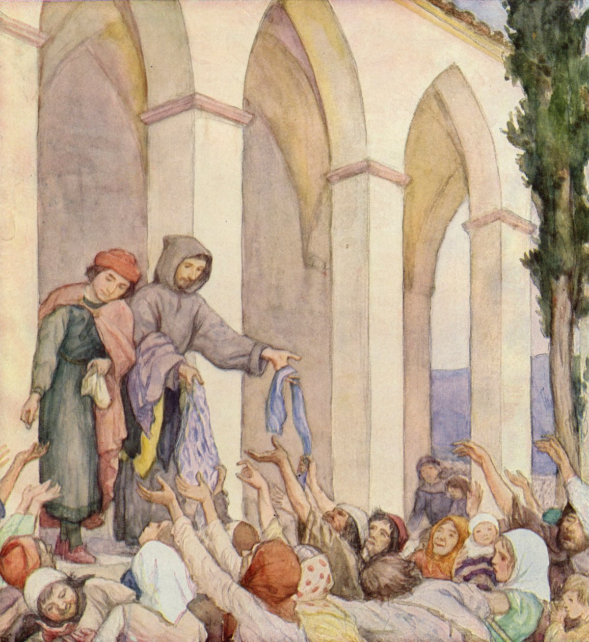 Saint François aidant les pauvres (lithographie couleur) - German School