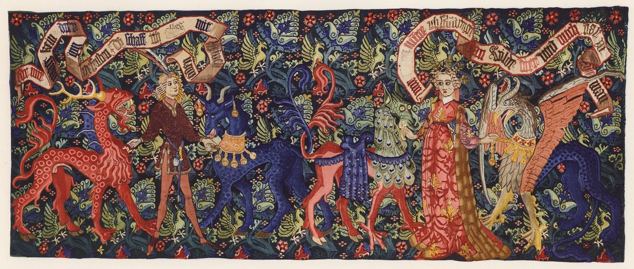 Tapisserie représentant deux amoureux et des créatures mythiques, Bâle, vers 1480 (lithographie en couleurs) - German School