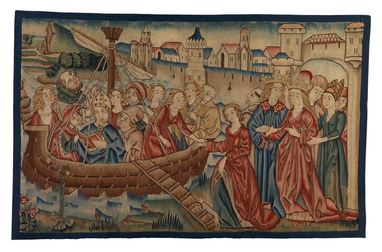 Panneau de tapisserie représentant la Rencontre de Sainte Ursule et du Prince Artherius à Mayence, de la Moyenne-Rhénanie, fin du 15e siècle - German School