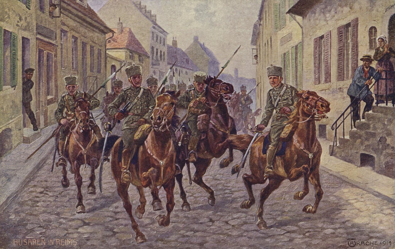 Prise temporaire de la ville de Reims par les hussards allemands, Première Guerre mondiale, 9 septembre 1914 (lithographie couleur) - German School