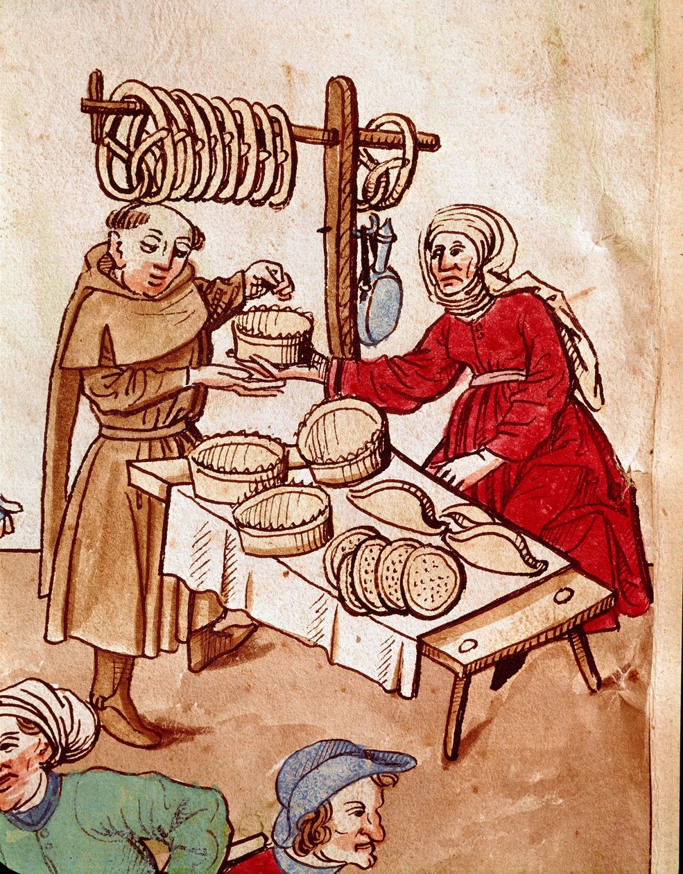 Commerce : un marchand de pain. Miniature des « Chroniques du Concile de Constance » par Ulrich Richental (1360-1437) vers 1438 Prague, Bibliothèque nationale - German School