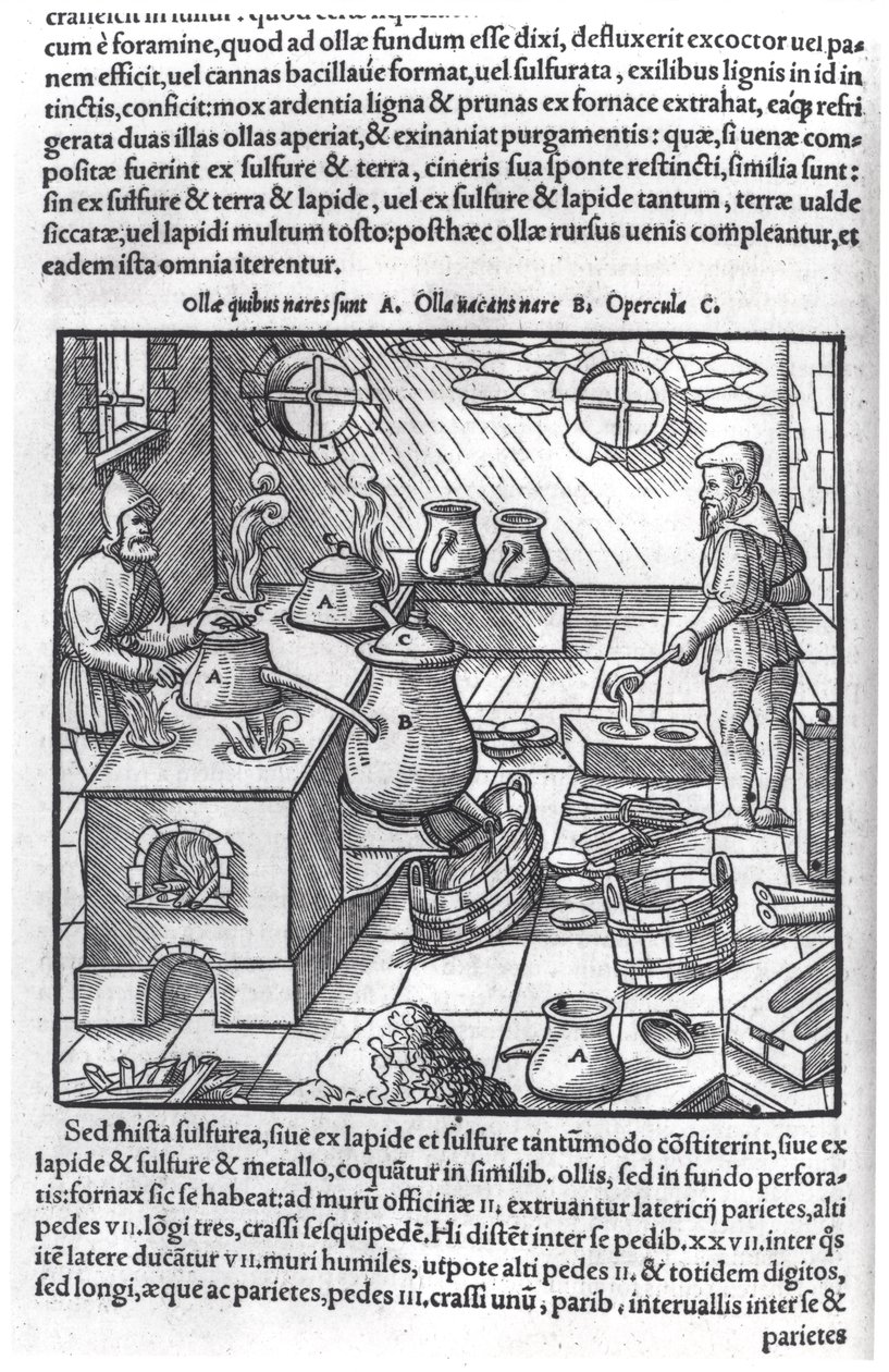Utilisation du soufre, de De Re Metallica par Georg Bauer (1494-1566), connu sous le nom d
