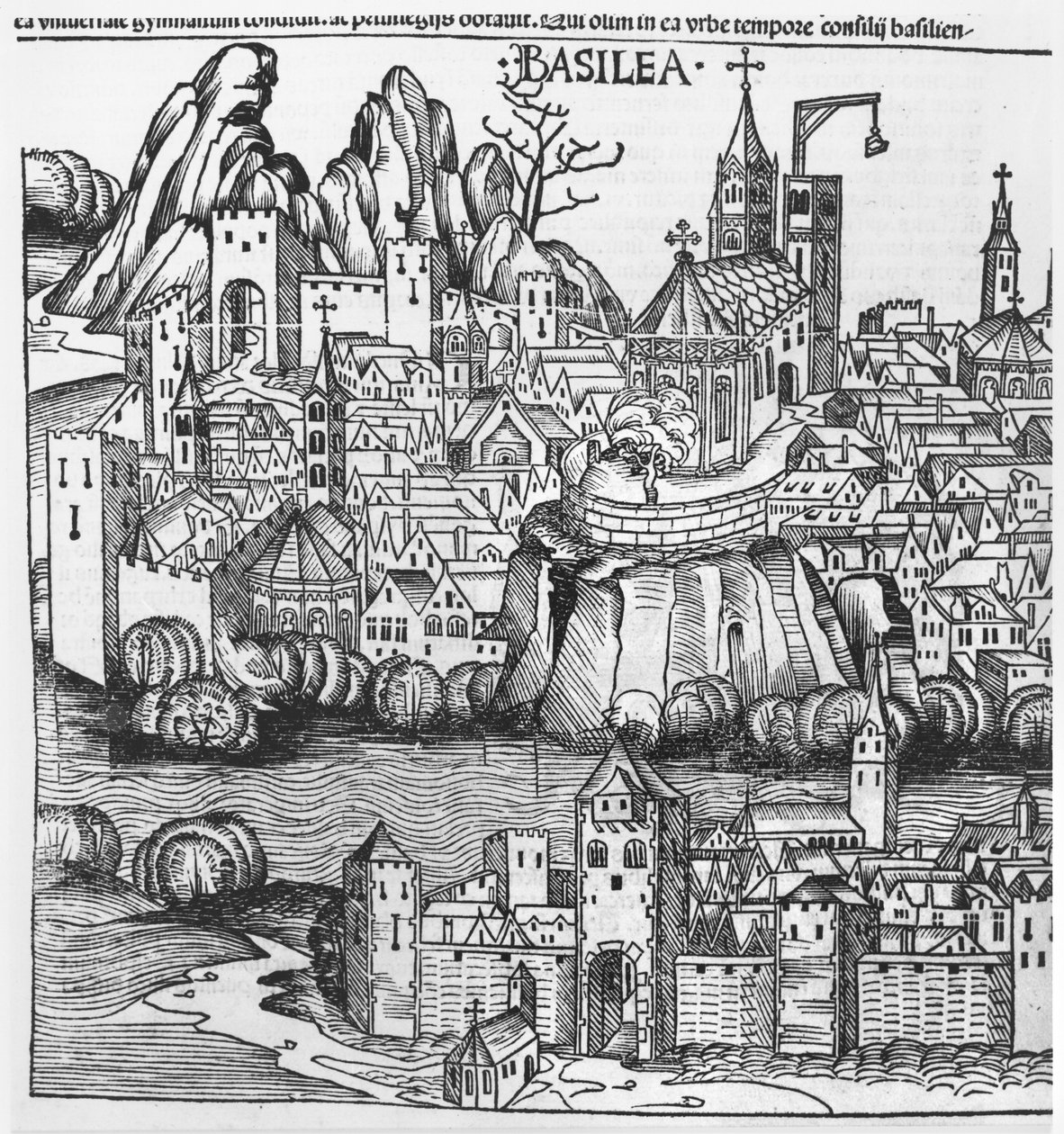 Vue de Bâle, illustration de la Chronique de Nuremberg par Hartmann Schedel (1440-1514), 1493 - German School