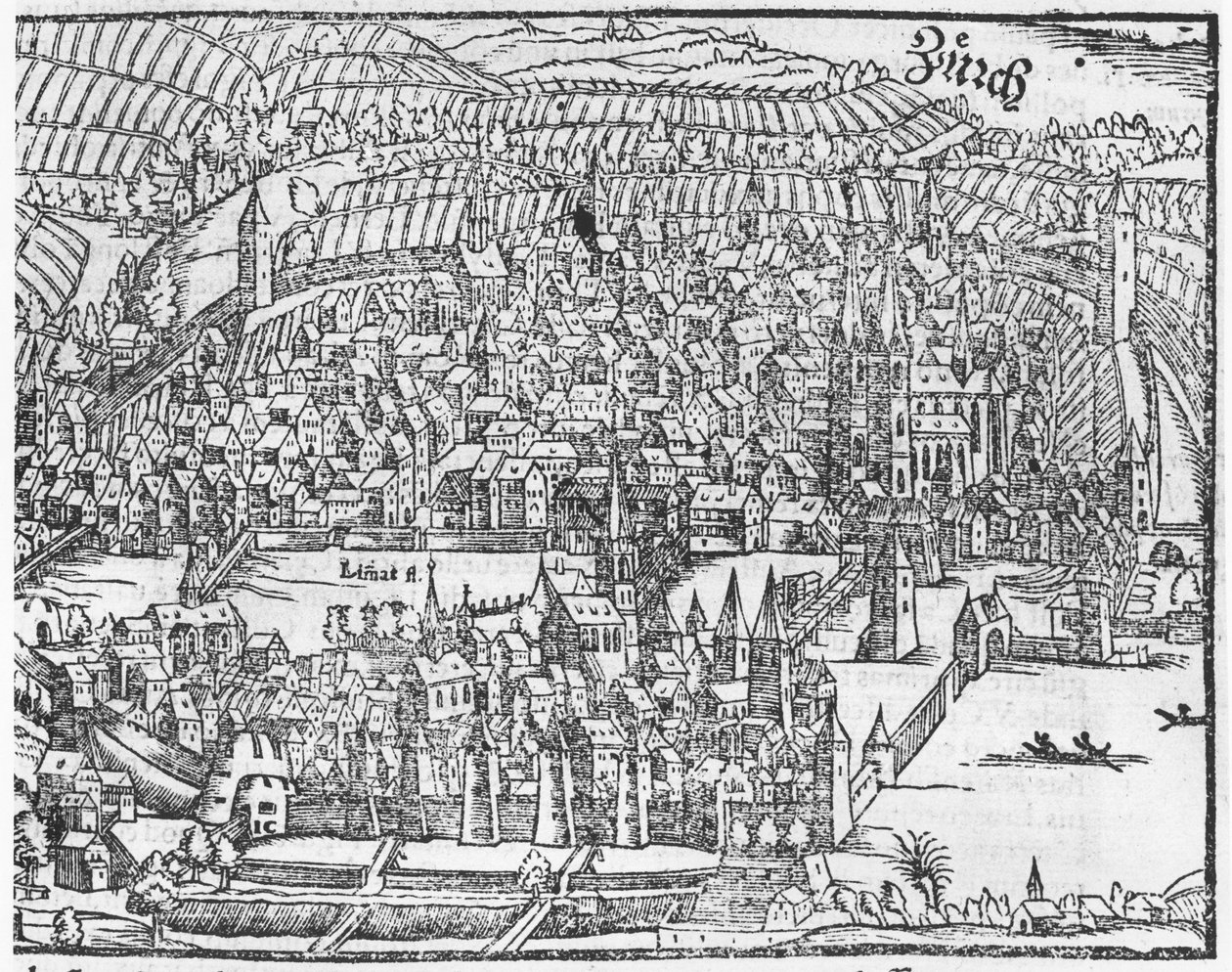 Vue de Zurich, de Cosmographie Universelle par Sébastien Munster (1488-1552) Bâle, publié en 1559 - German School