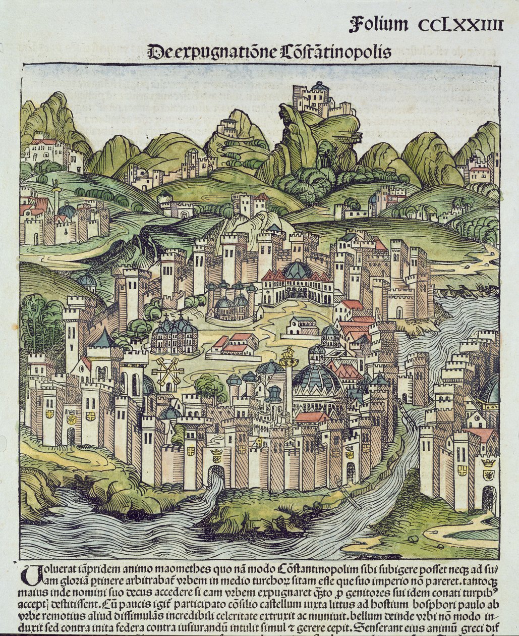 Vue de la ville fortifiée de Constantinople, tirée de la Chronique de Nuremberg par Hartmann Schedel, 1493 - German School