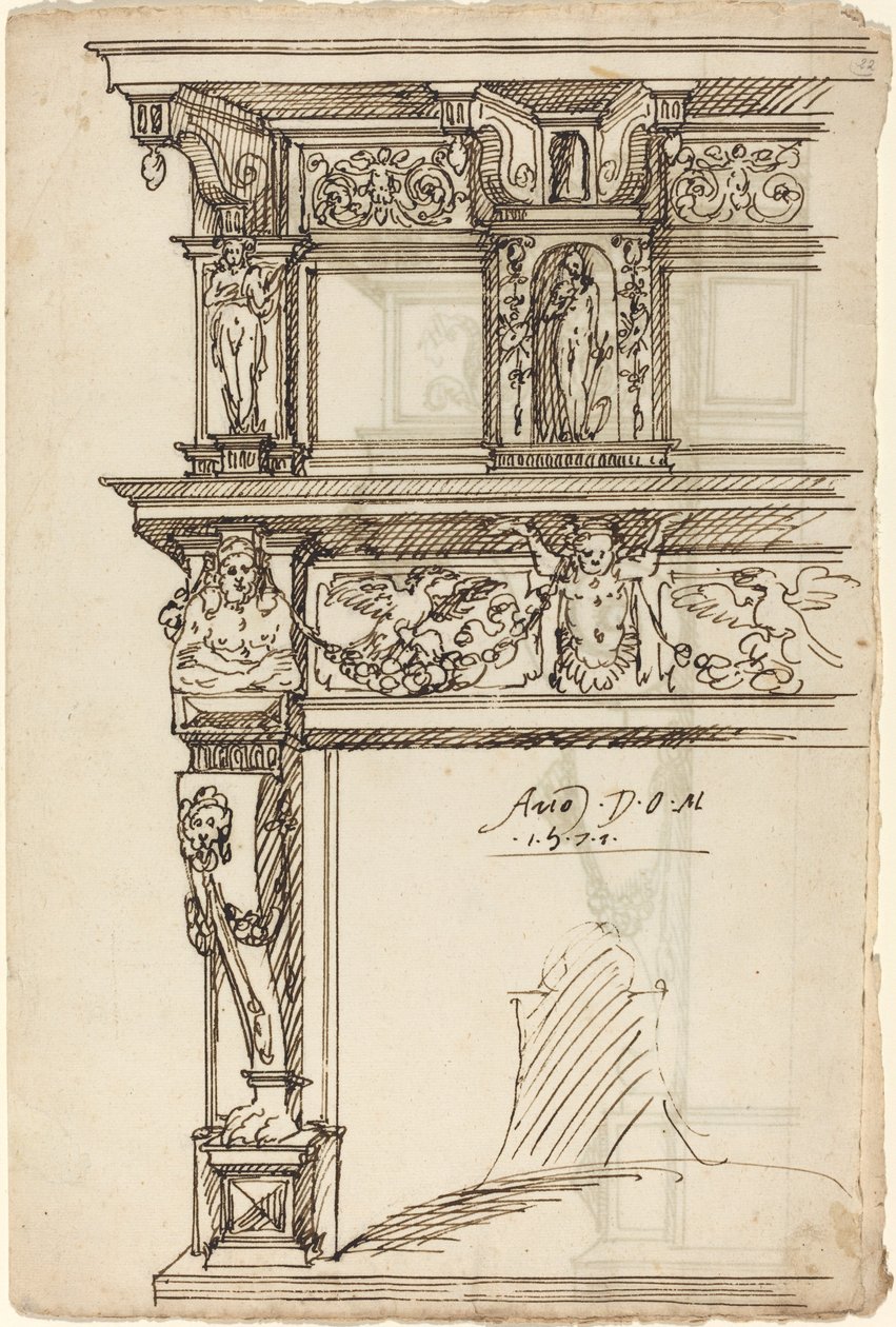 Cheminée palatiale avec Mercure et Espoir [recto] - German or Austrian 16th Century