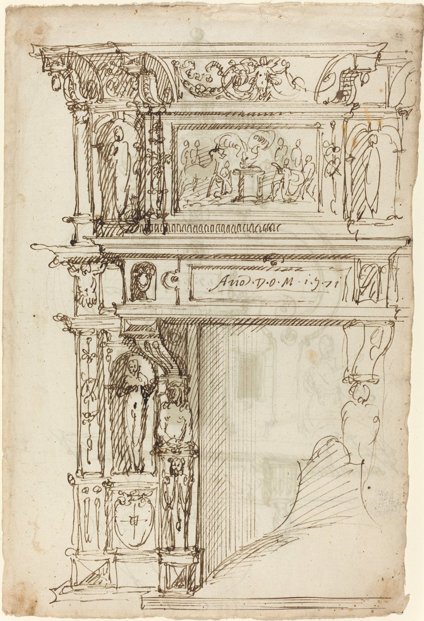 Cheminée palatiale avec une scène de sacrifice ancien [recto] - German or Austrian 16th Century