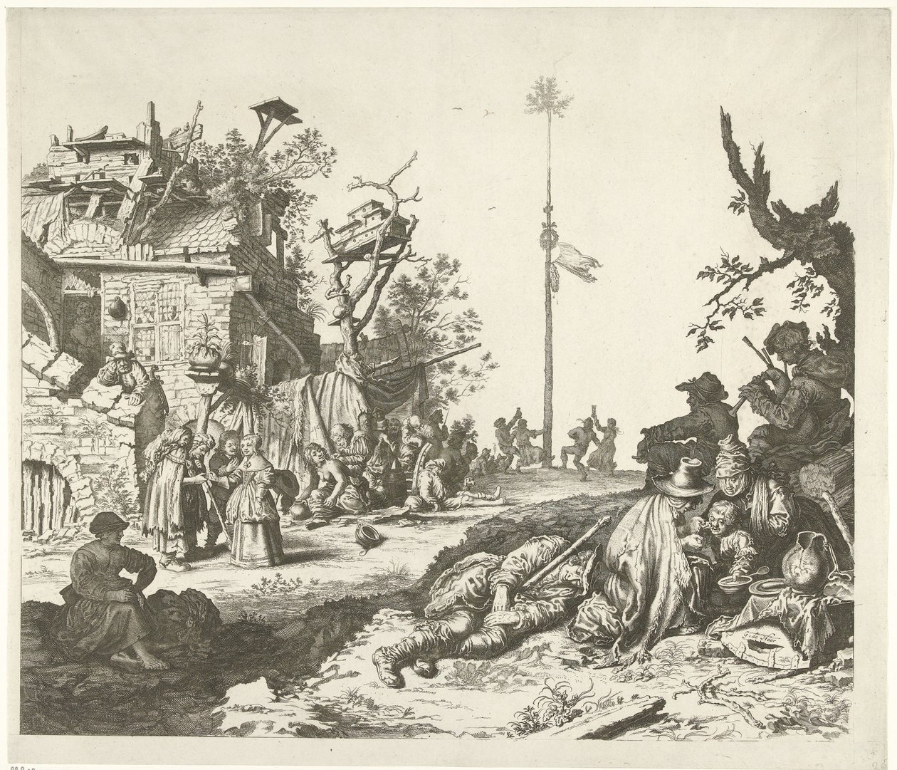 Famille romaine se reposant devant une auberge en ruine - Gerrit Adriaensz. de Heer