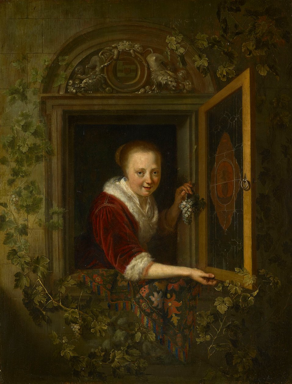 Une fille avec une grappe de raisin à la fenêtre - Gerrit Dou