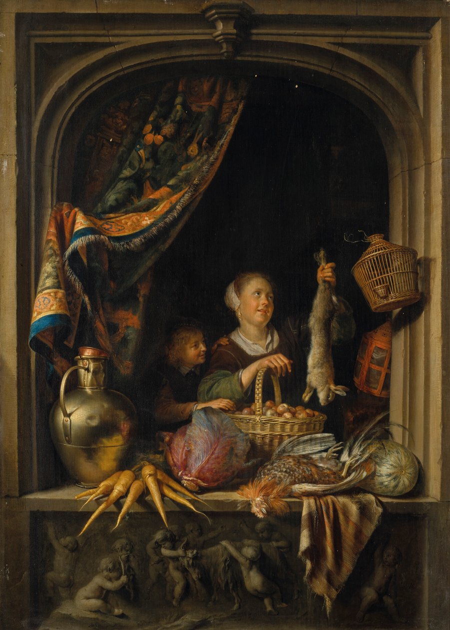 Une jeune femme tenant un lièvre avec un garçon à la fenêtre - Gerrit Dou