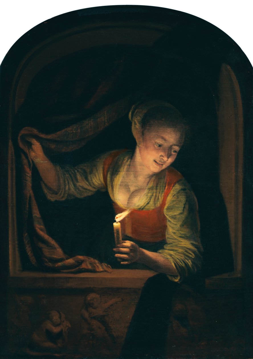 Dutch : Jeune femme avec une bougie allumée à une fenêtre - Gerrit Dou