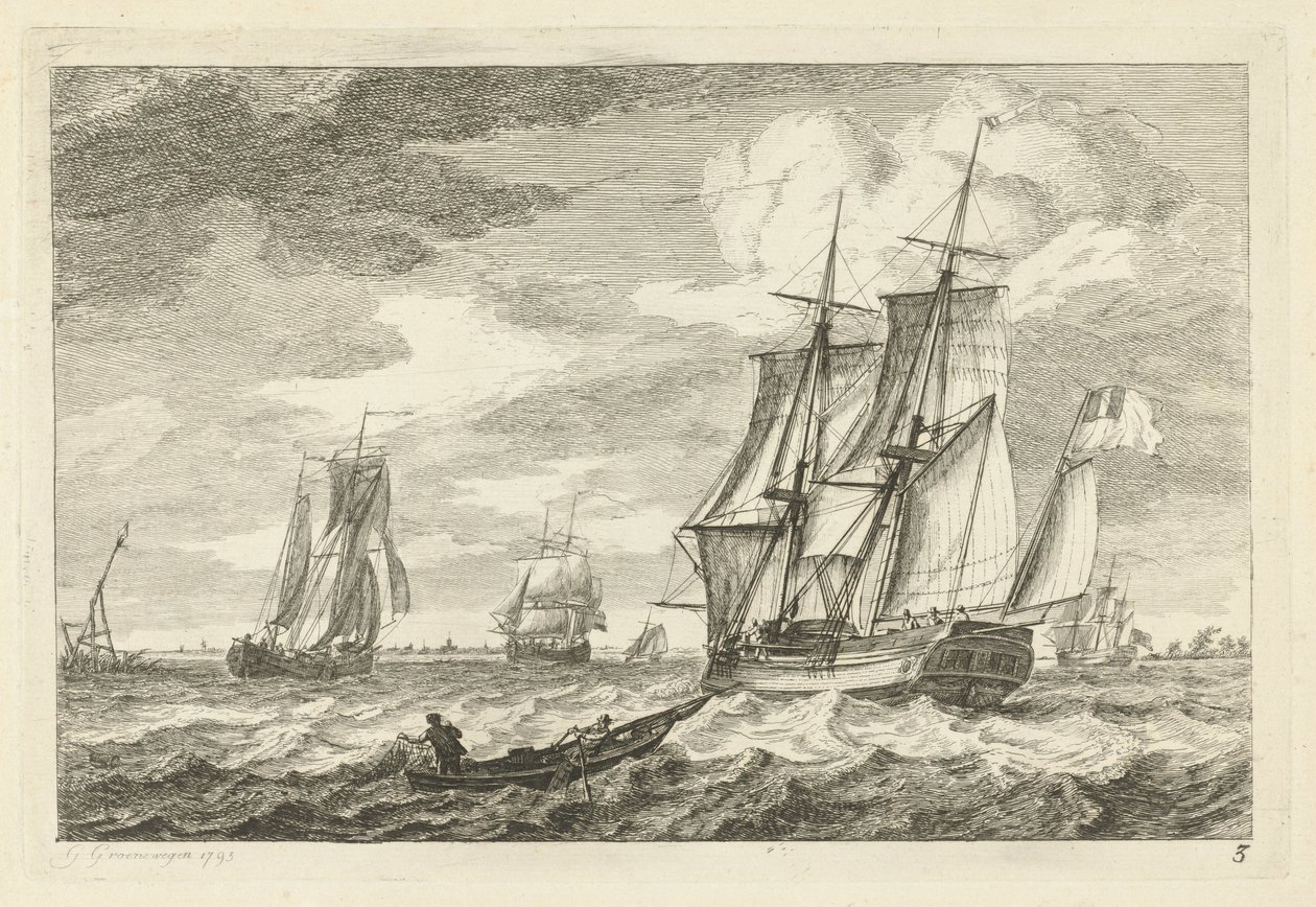Brick et autres navires sur une large voie navigable - Gerrit Groenewegen