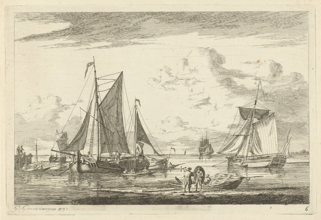 Plage et mer avec divers bateaux - Gerrit Groenewegen