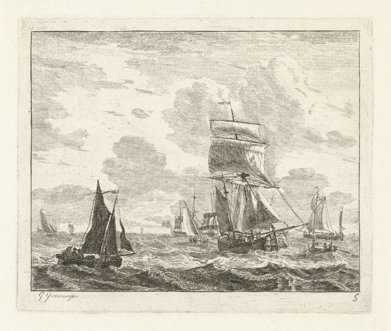 Voiliers sur une mer agitée, Vues maritimes avec des navires (titre de la série) - Gerrit Groenewegen