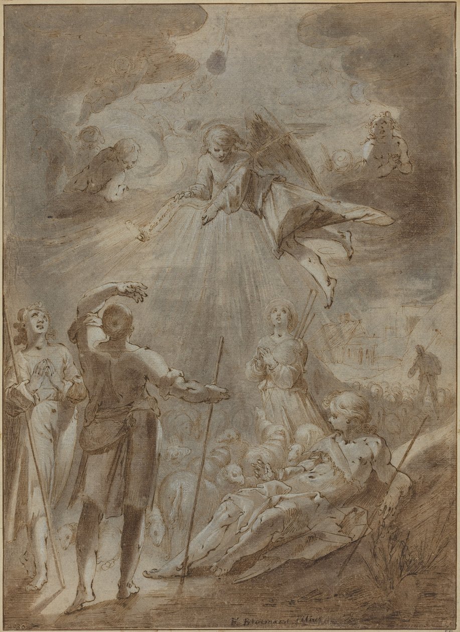 Annonciation aux bergers (plume et encre brune avec lavis brun, rehaussé de blanc) - Gerrit Pietersz Sweelink