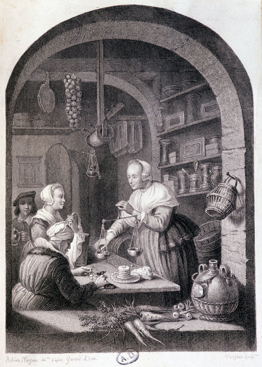 Épicier de village pesant avec une balance. sd. XVIIIe siècle - Gerrit or Gerard (after) Dou