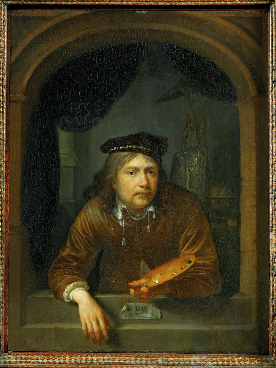 Autoportrait à la fenêtre (peinture sur bois de chêne) - Gerrit or Gerard Dou