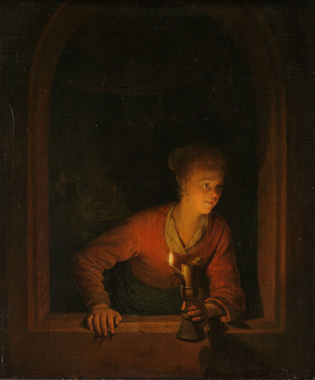 Fille avec une lampe à huile à une fenêtre, 1645-75 - Gerrit Dou