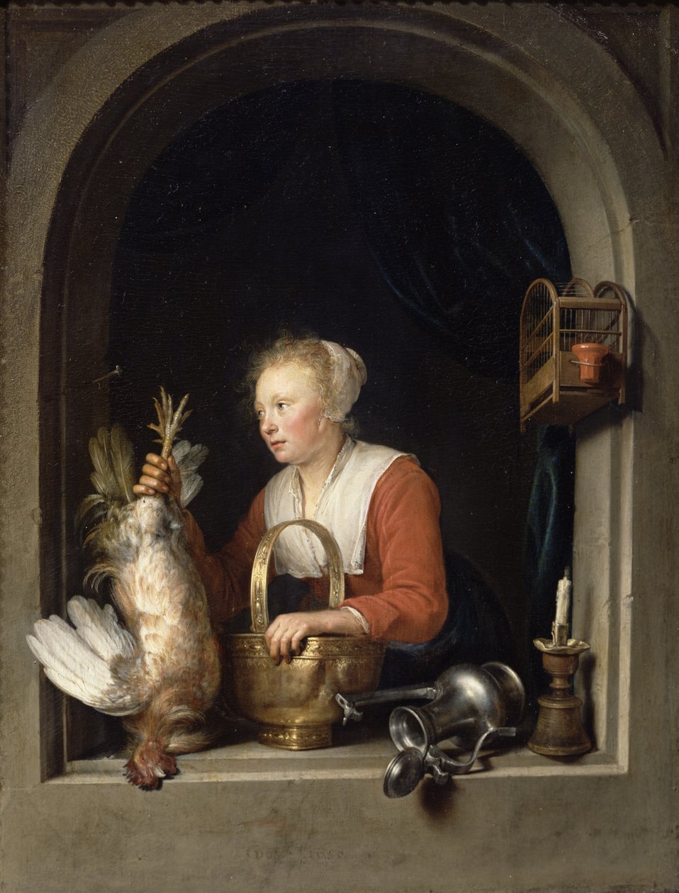 La ménagère hollandaise ou La femme suspendant un coq à la fenêtre, 1650 - Gerrit Dou