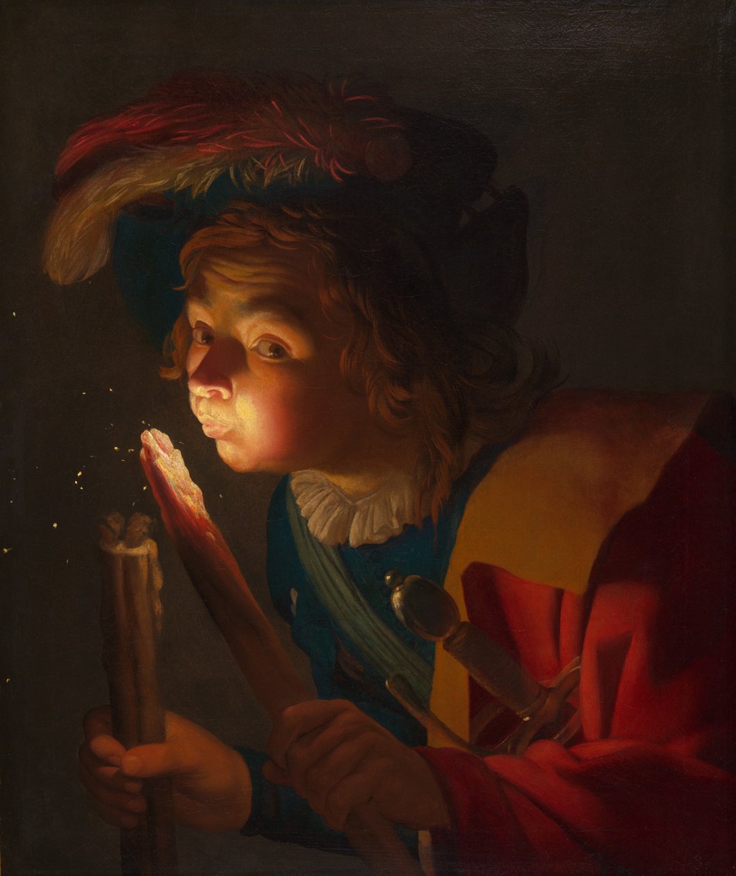 Un garçon soufflant sur une braise - Gerrit van Honthorst