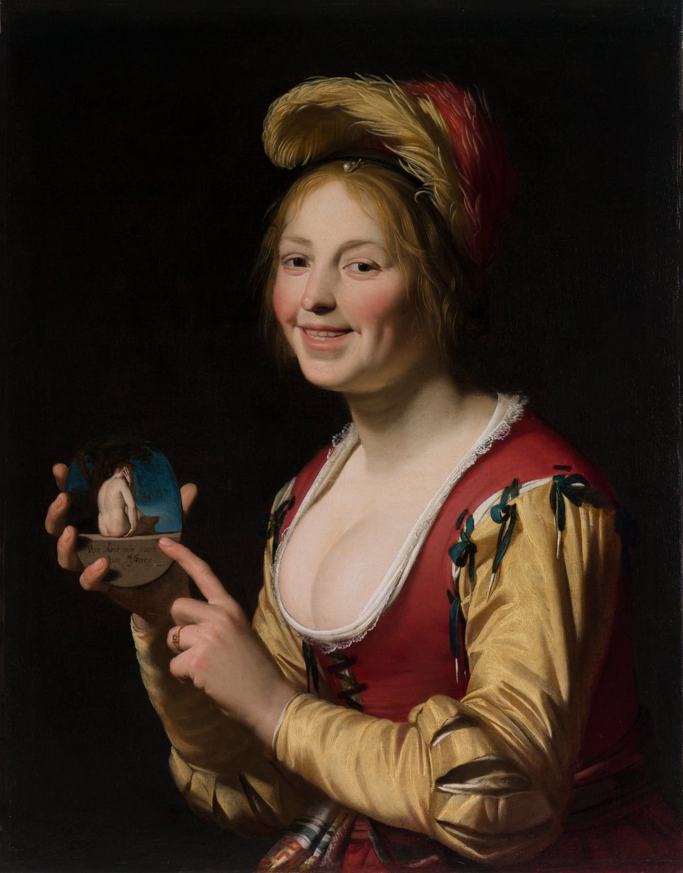 Fille Souriante, une Courtisane, Tenant une Image Obscène - Gerrit van Honthorst