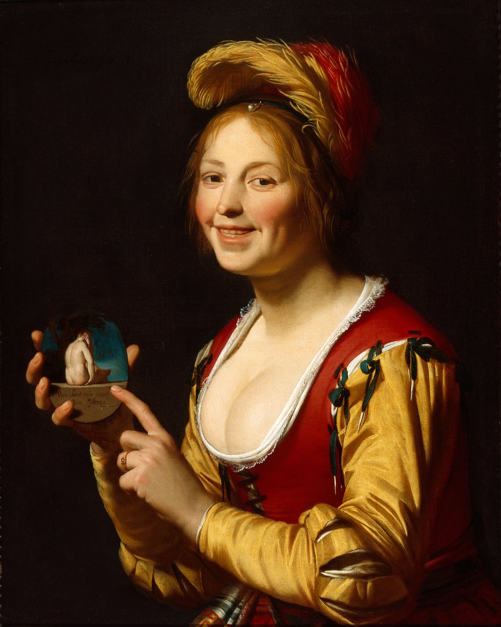 Fille souriante, courtisane, tenant une image obscène - Gerrit van Honthorst
