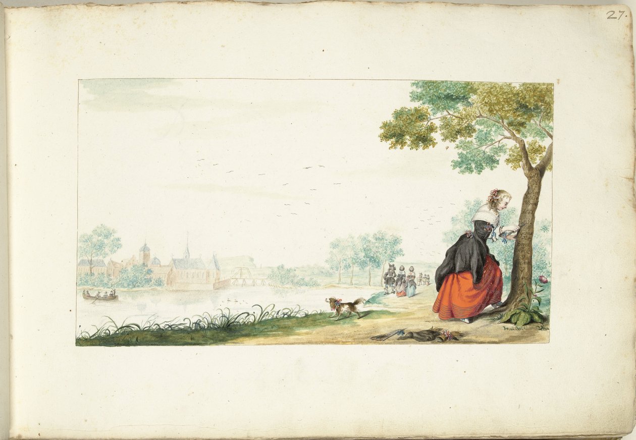 Femme gravant des noms dans un arbre - Gesina ter Borch (signed by artist)