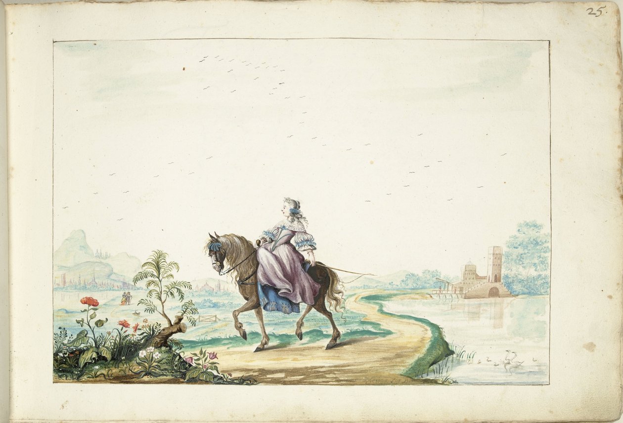 Femme à cheval dans un paysage - Gesina ter Borch (signed by artist)