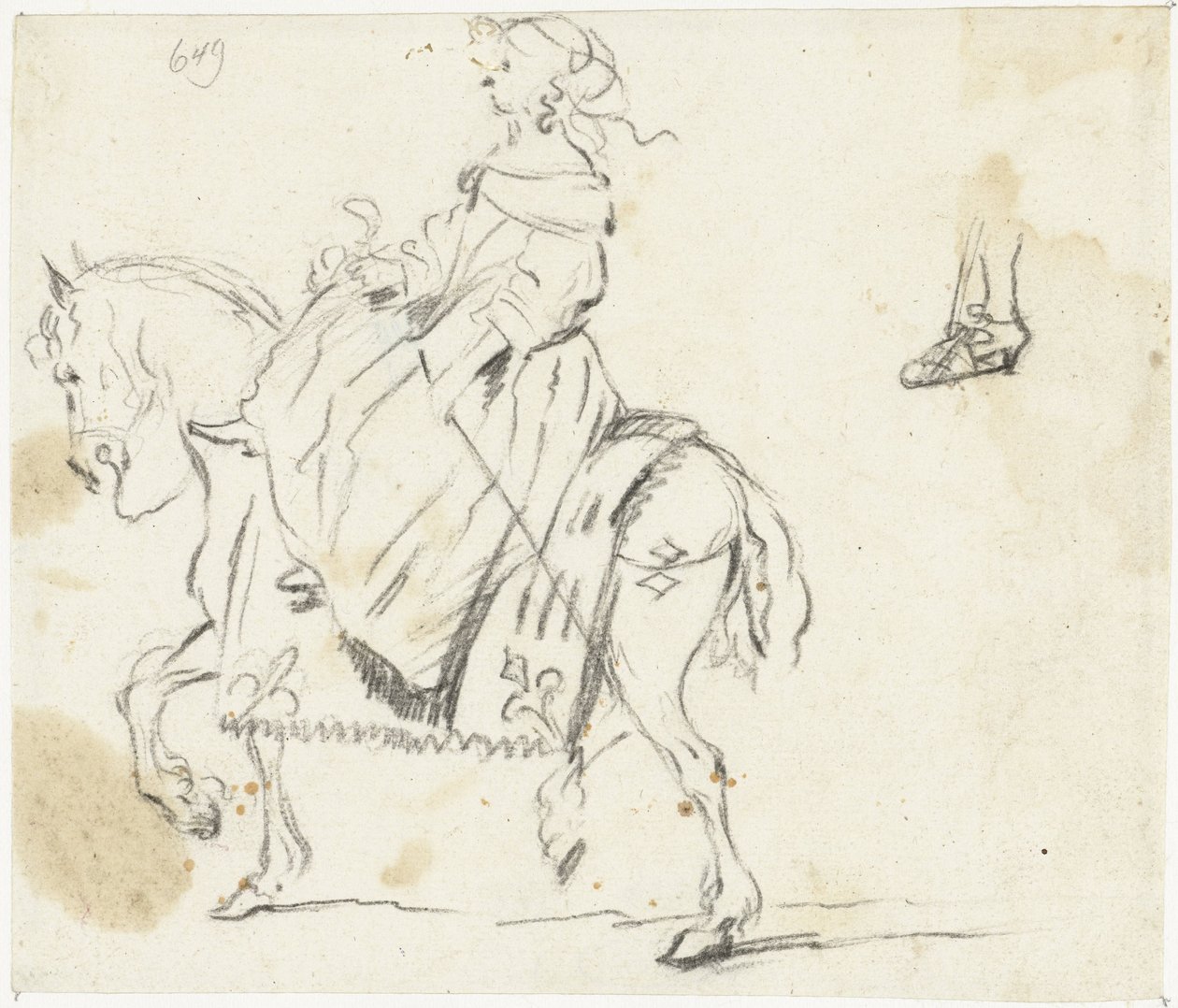 Femme à cheval, vue de côté, avec croquis d