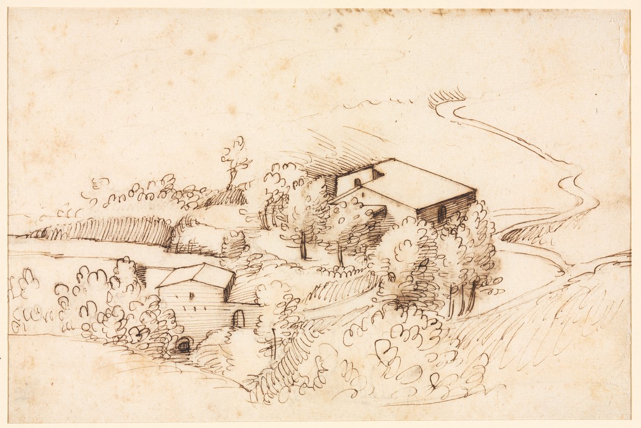 Ferme avec des arbres dans un paysage vallonné (verso) - Gherardo Cibo