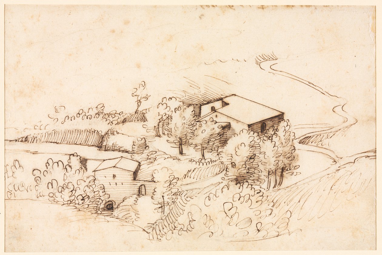 Ferme avec des arbres dans un paysage vallonné, verso, 1567 - Gherardo Cibo