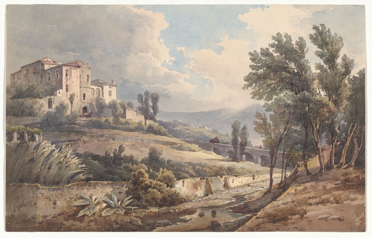 Paysage avec une villa sur une colline et un pont aux alentours de Cava - Giacinto Gigante