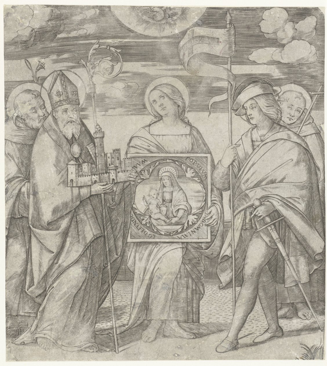 Cinq saints patrons de Bologne avec image de Marie - Giacomo Francia