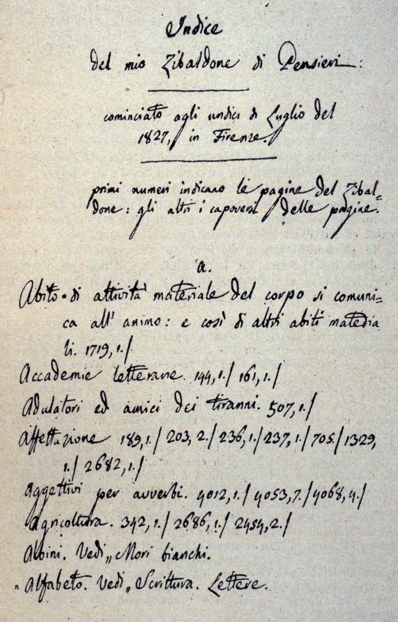 Incipit du manuscrit du Zibaldone (ou "Pensieri") par Giacomo Leopardi (1798-1837). 1817-1832 - Giacomo Leopardi