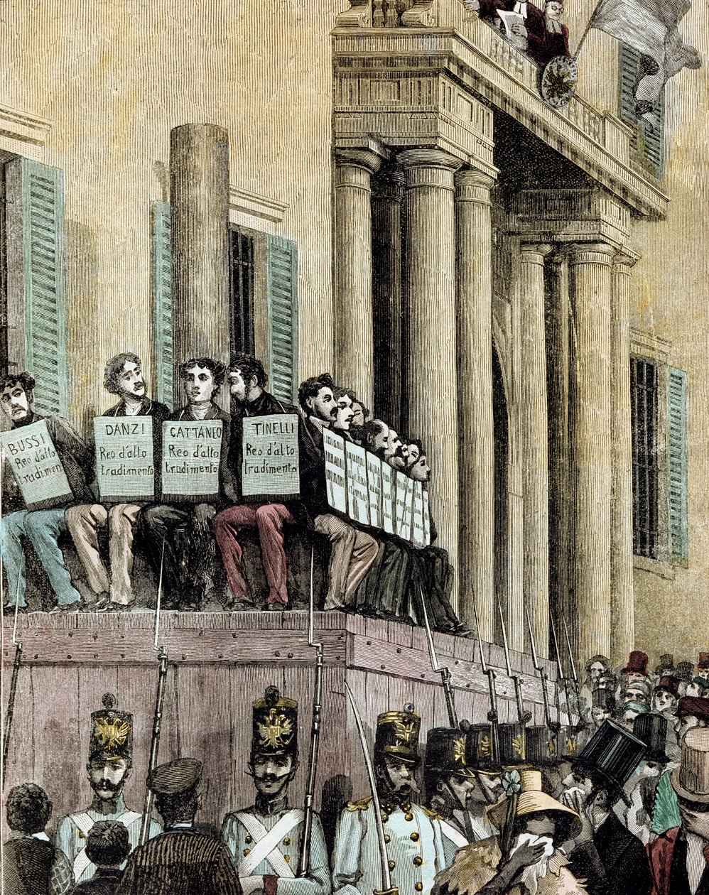 Risorgimento : membres du mouvement Giovine Italia (dont Carlo Cattaneo (1801-1869), Tinelli, Danzi, Bussi) assis devant le Palais de Justice à Milan, écoutant la sentence les condamnant à l