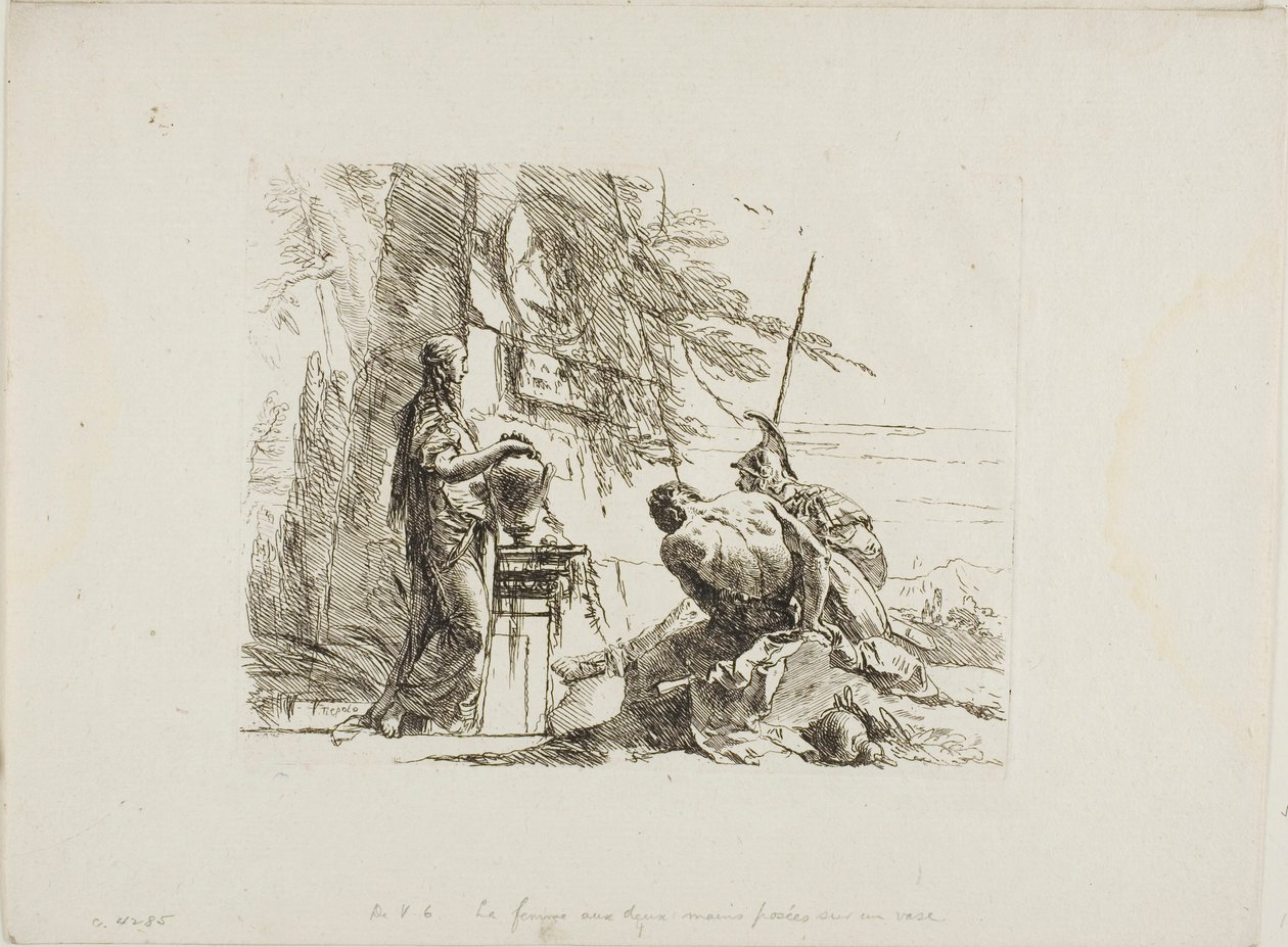 Une femme avec ses mains sur un vase, soldat et esclave, des Capricci - Giambattista Tiepolo