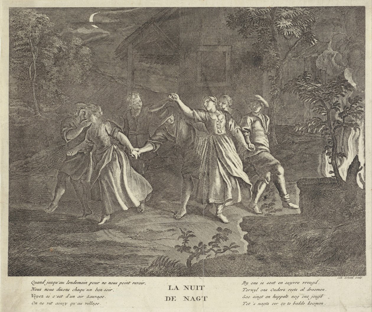 Nuit : ronde de jeunes hommes et femmes - Gilbert Schoute