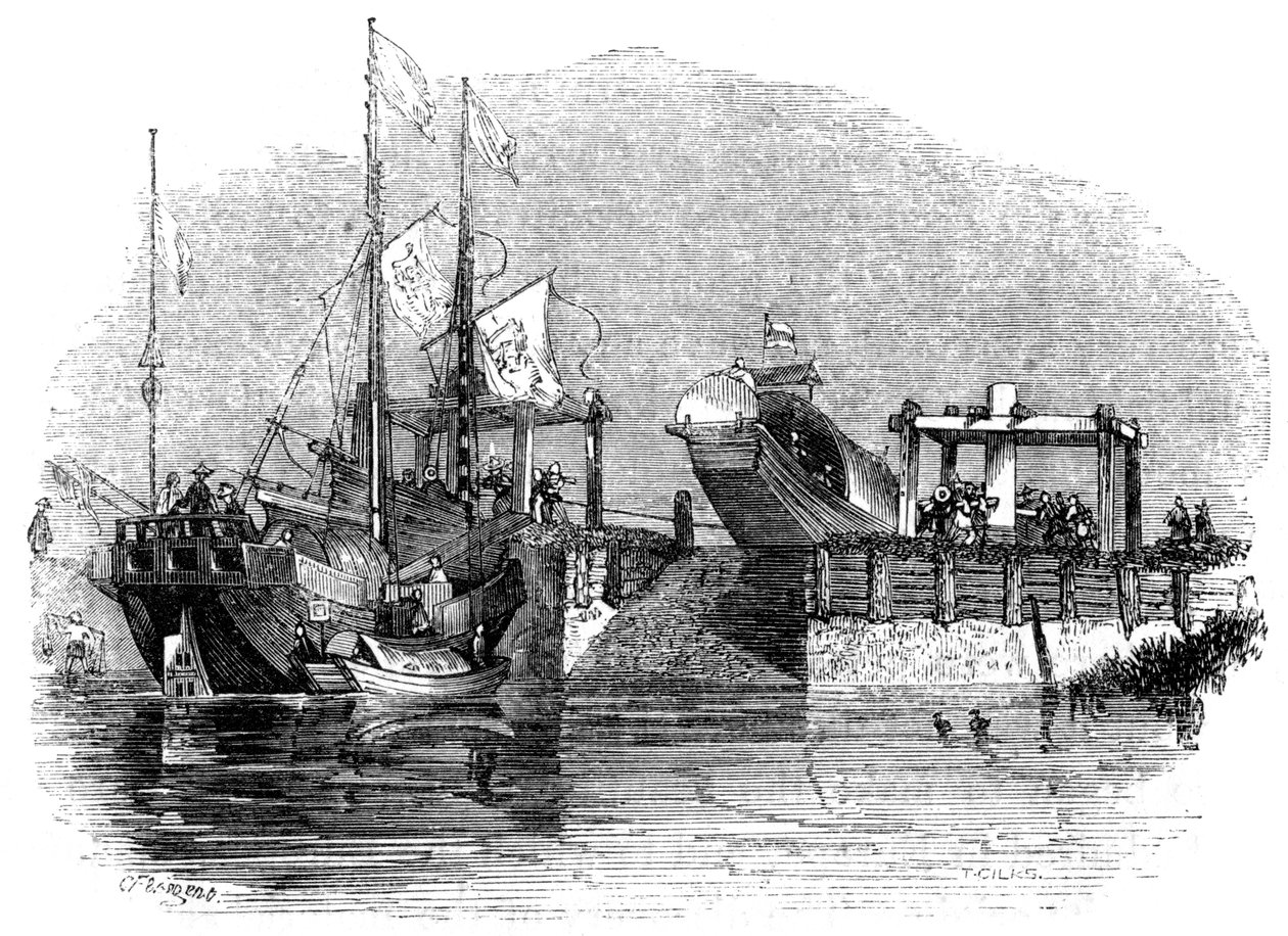 Bateau tiré sur une écluse ou un canal, 1847 - Giles
