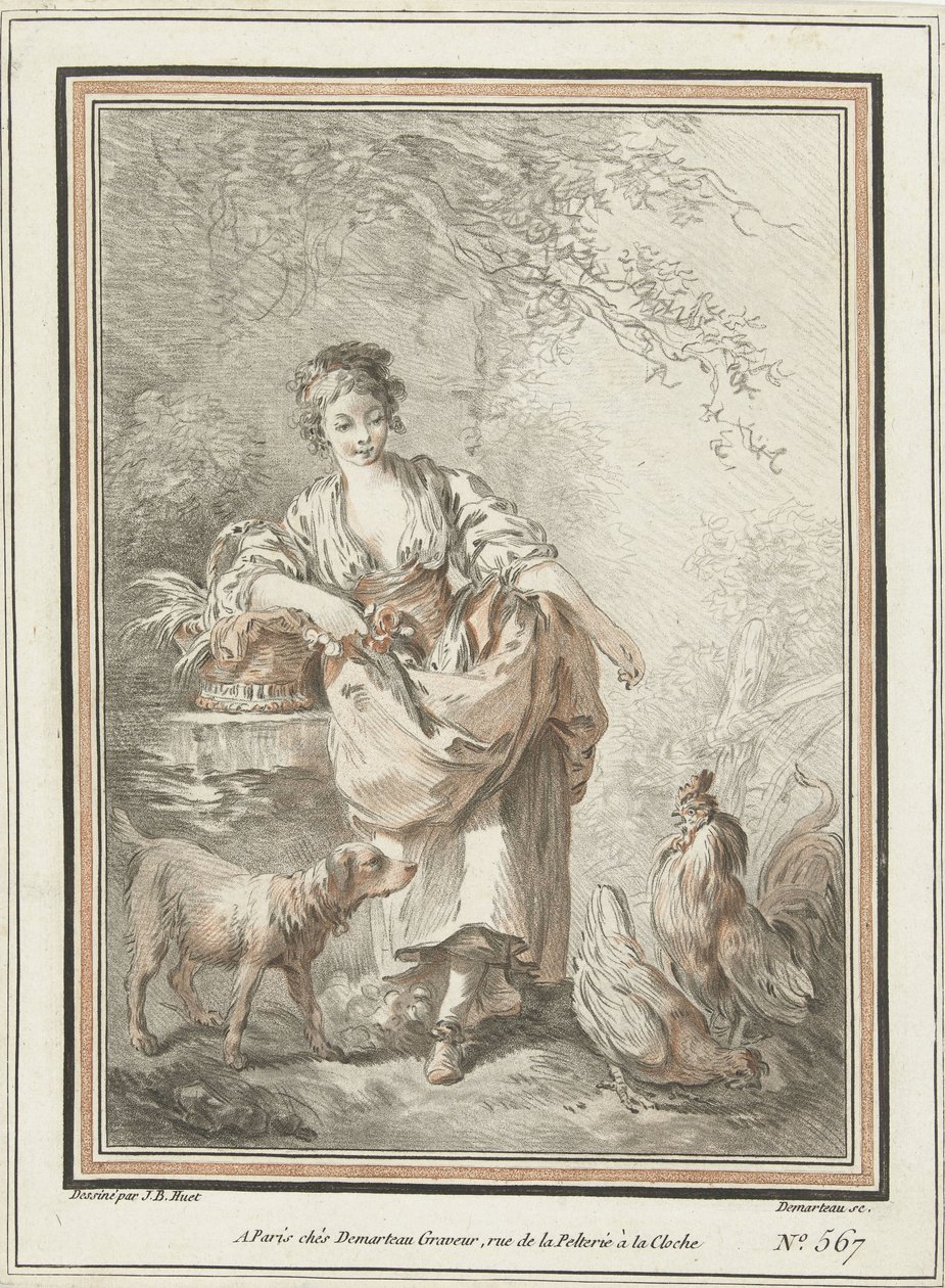 Jeune femme avec chien, coq et poule - Gilles Demarteau