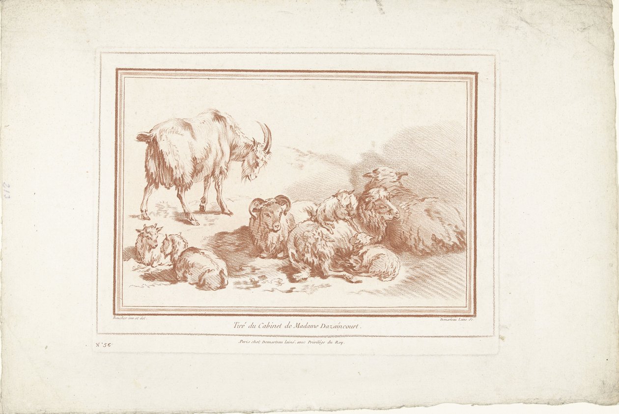 Moutons couchés avec agneaux et chèvre avec chevreaux - Gilles Demarteau