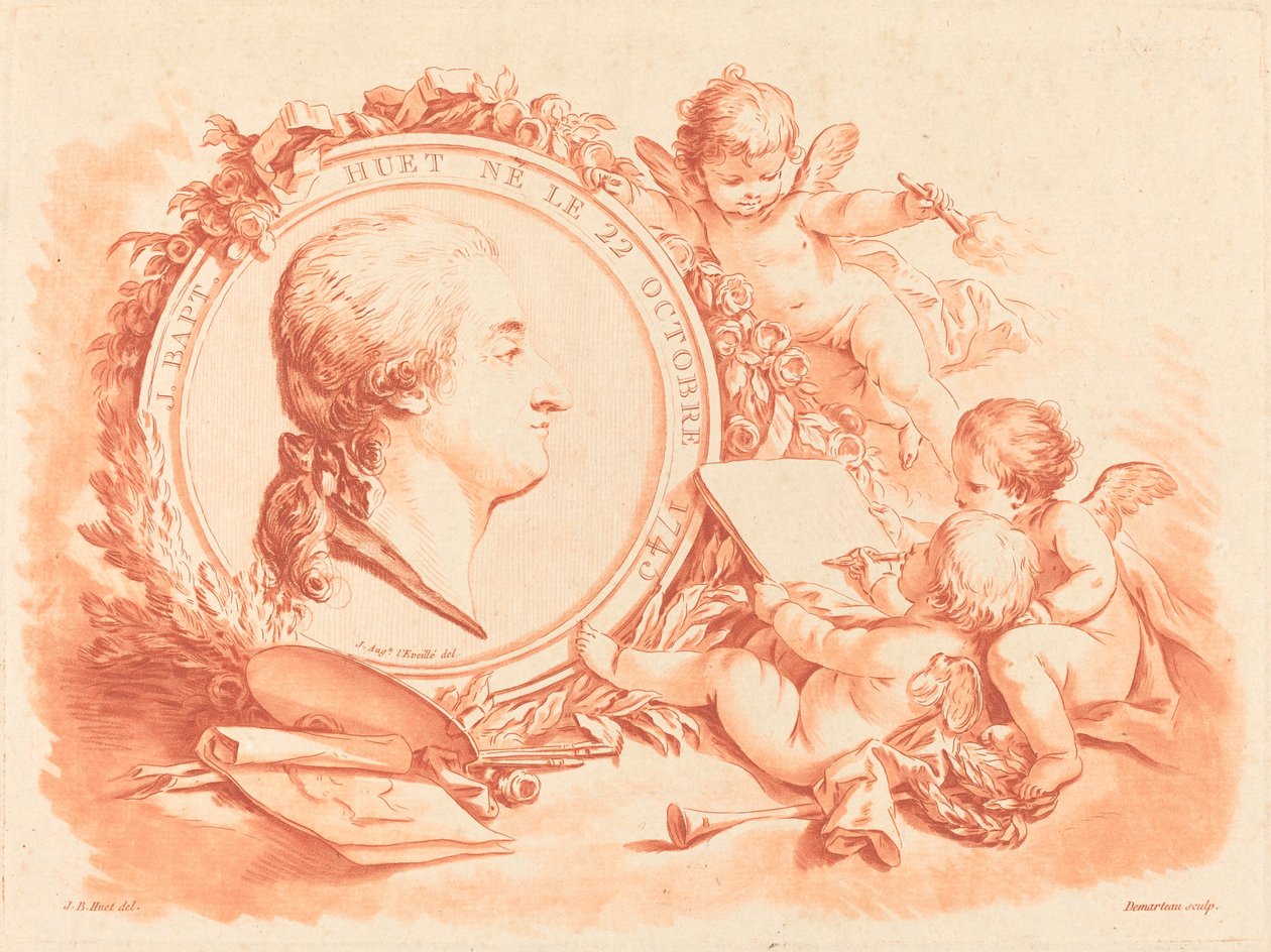 Portrait allégorique de Jean-Baptiste Hüet - Gilles Demarteau, the Elder after Jean Baptiste Hüet, I after Jean Augustin Léveillé