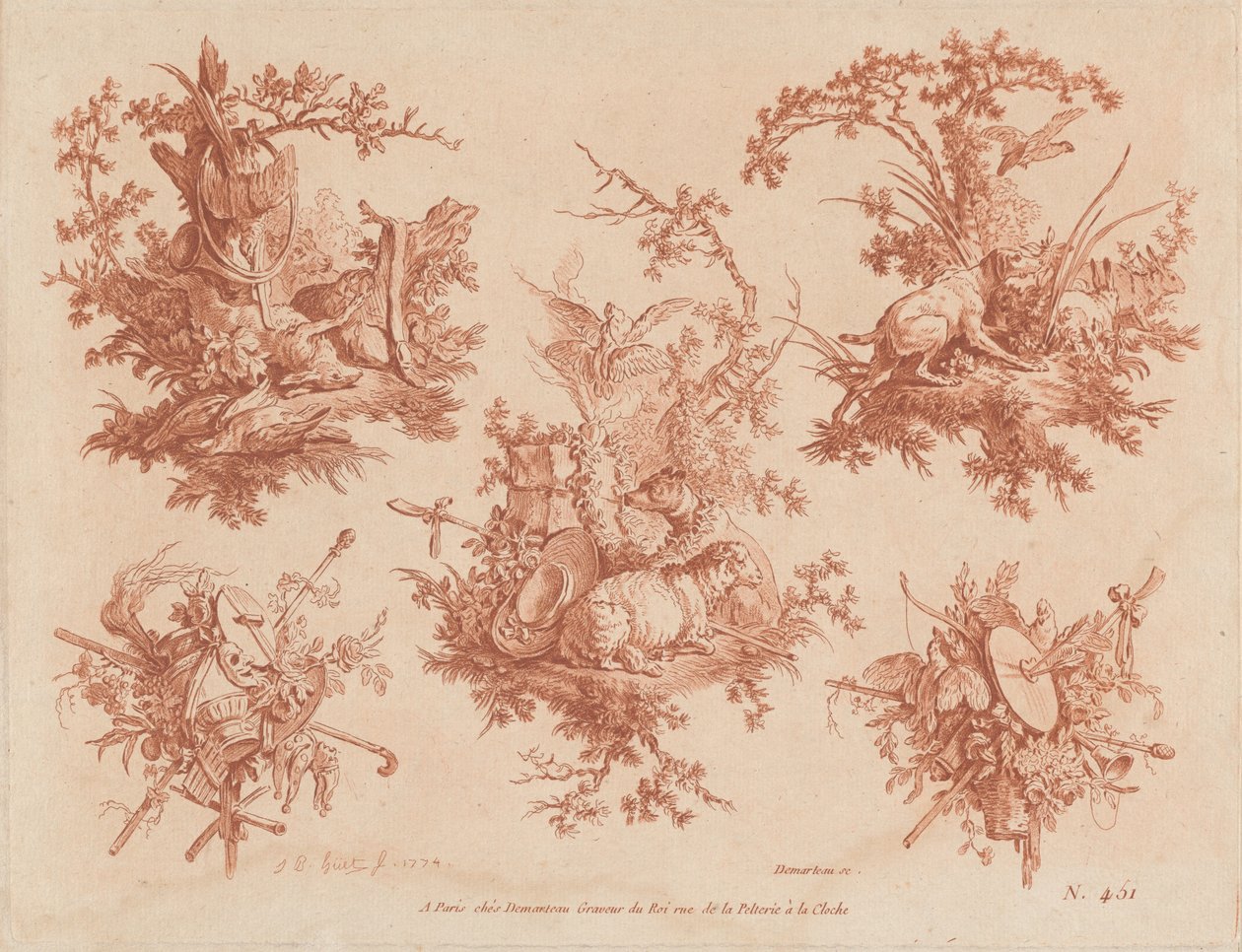 Cinq Trophées avec Thèmes de Chasse, Amour et Folie - Gilles Demarteau, the Elder, and Jean Baptiste Hüet