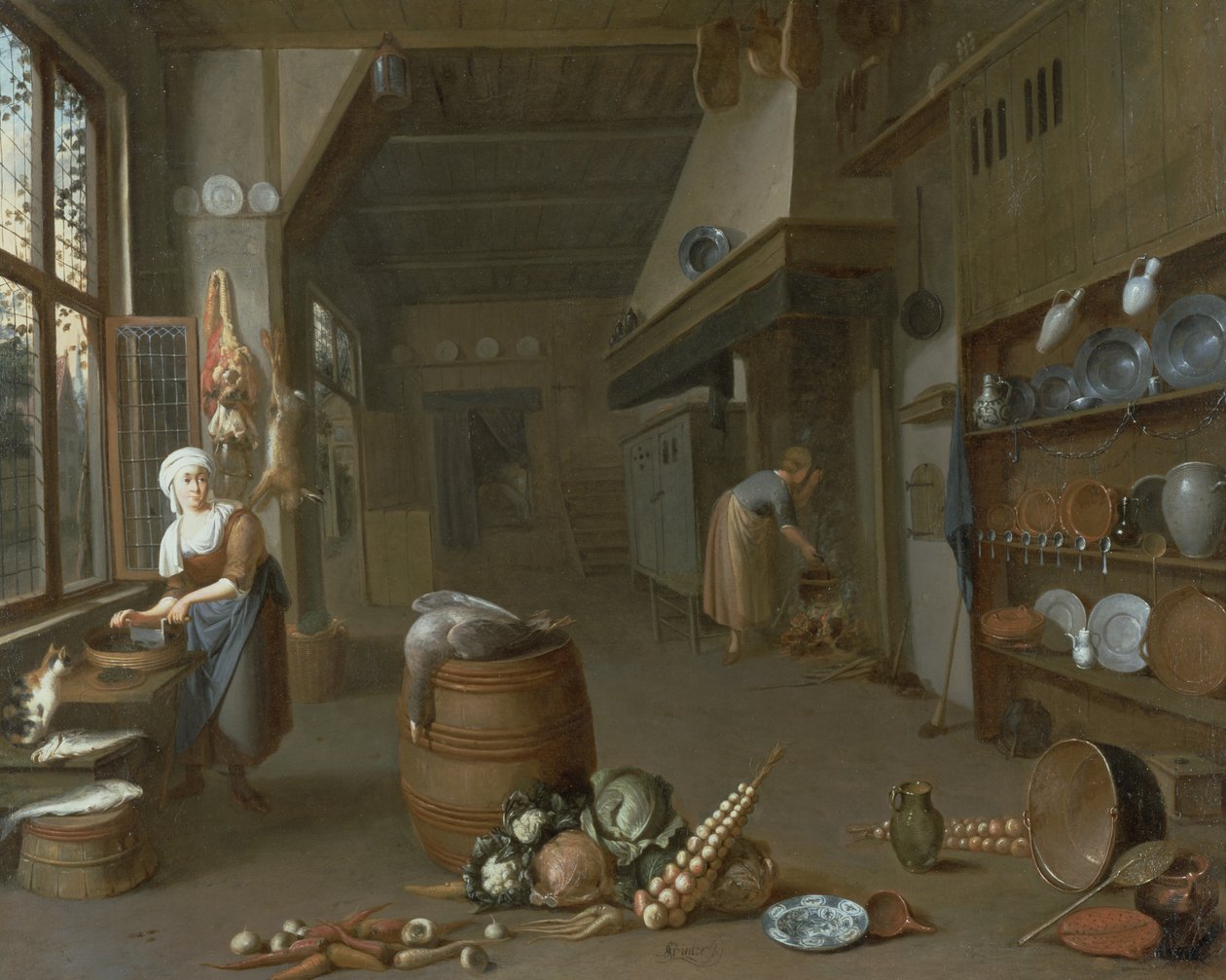 Intérieur de cuisine avec deux servantes préparant de la nourriture - Gillis de Winter