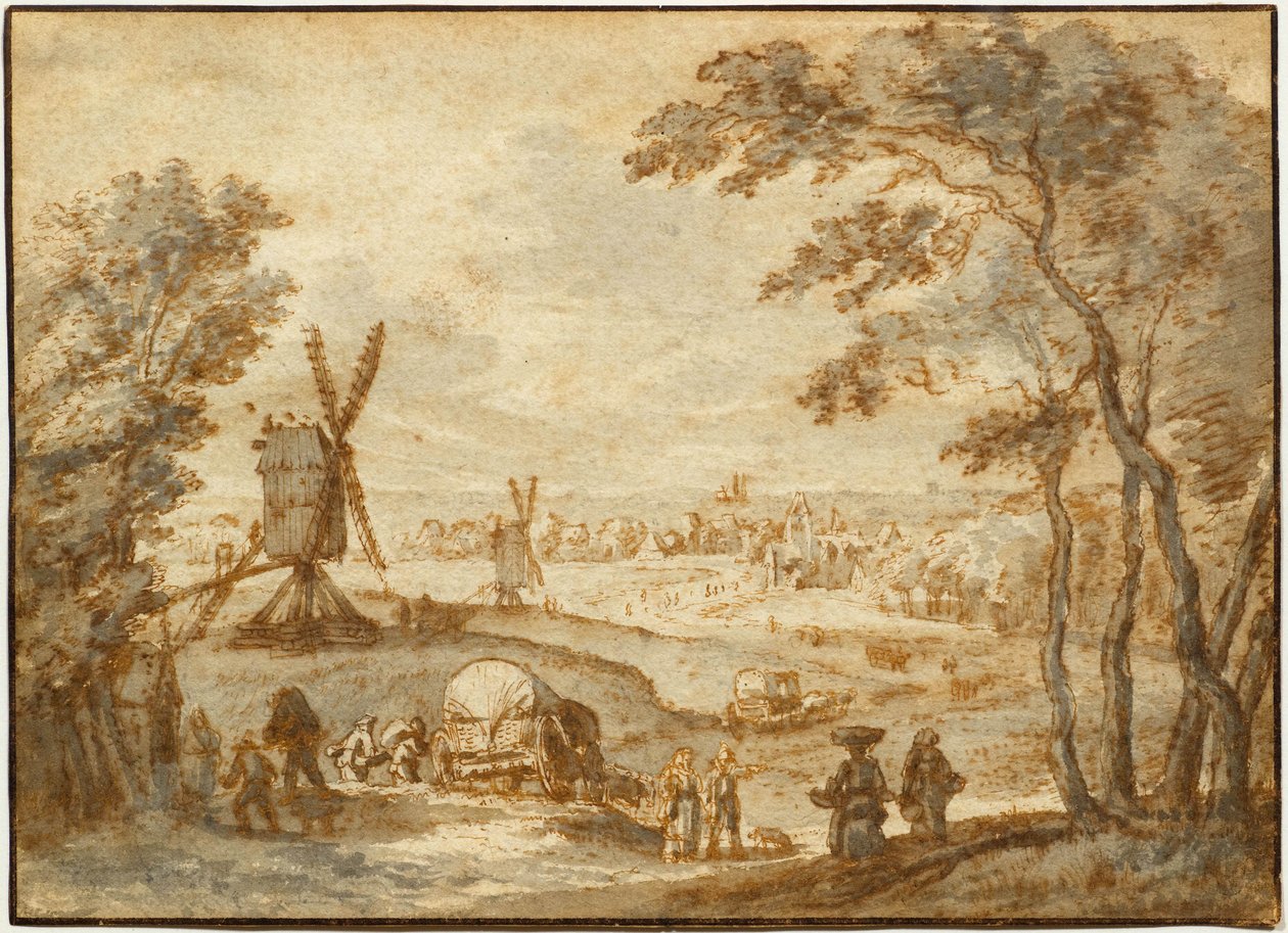 Paysage avec moulins à vent devant une ville, avec marcheurs et chariot couvert au premier plan - Gillis Neyts