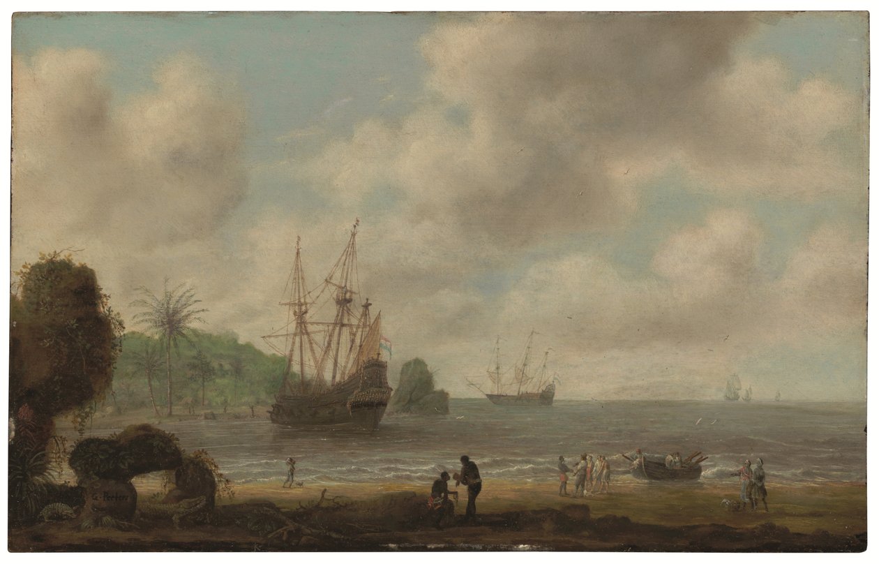 Le navire néerlandais Amsterdam devant la côte brésilienne (huile sur panneau) - Gillis Peeters
