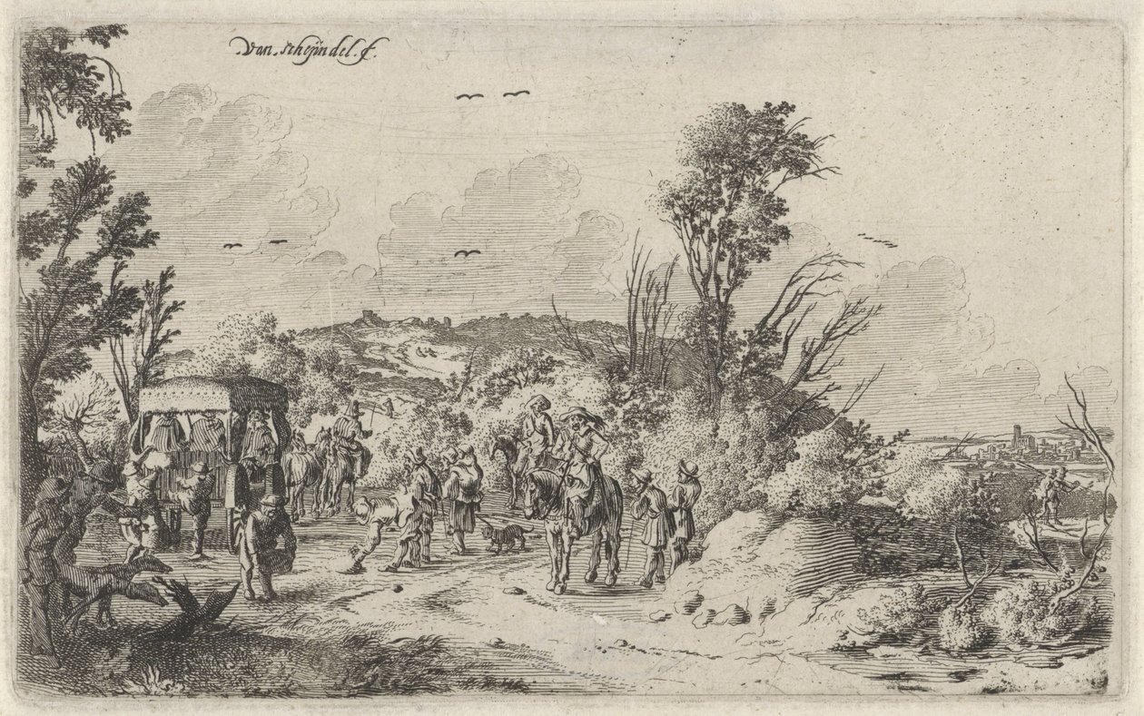 Rijtuig en ruiters op een landweg Reuk (Landschappen met de vijf zintuigen) - Gillis van Scheyndel (I)